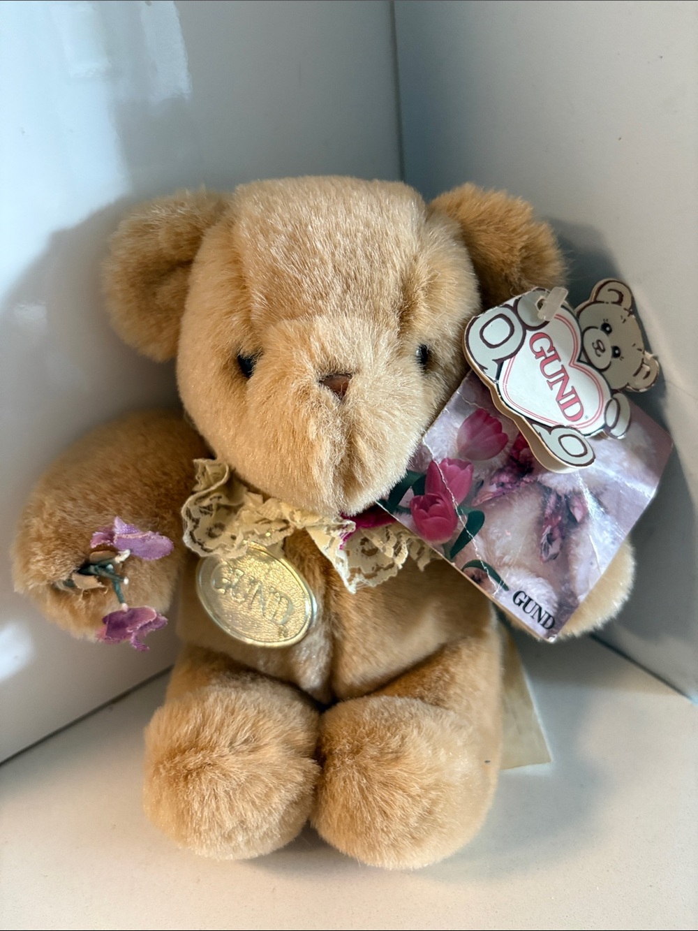 Vintage 1985 Tan Plush ‘Sweets’ Teddy Bear with Lace Collar and Floral Bouquet